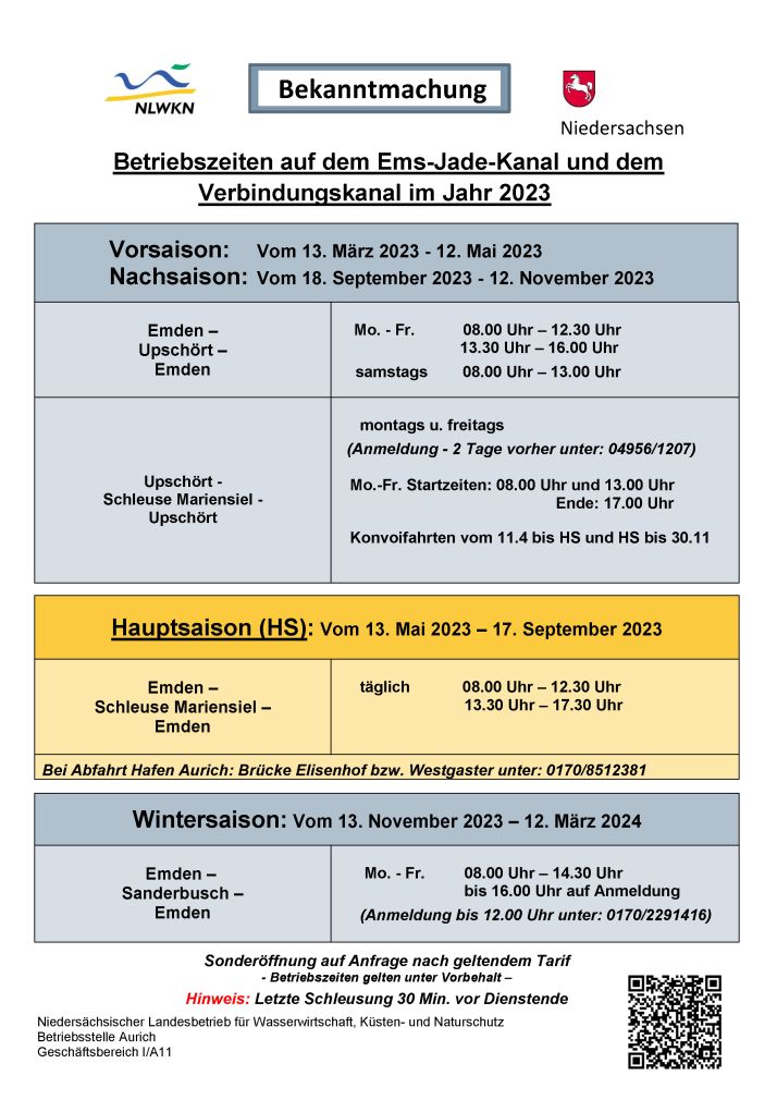 Betriebszeiten Ems-Jade-Kanal 2023